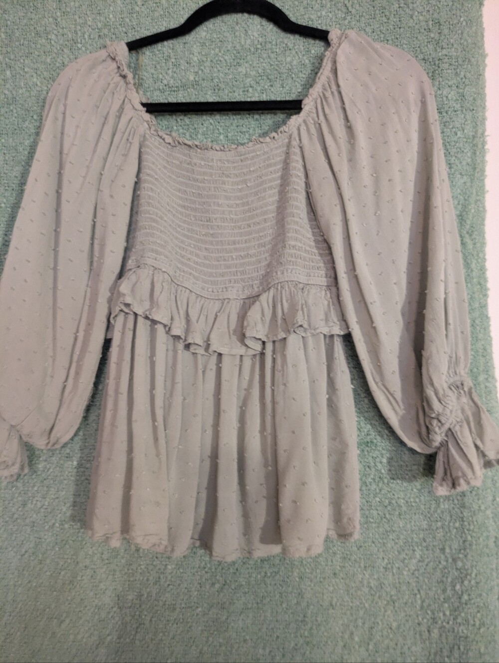 Smocked Off Shoulder, Peplum Top in Light Sage